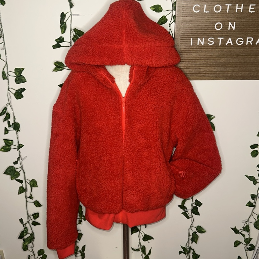 Fabletics Red Teddy Zip Up Hooded Jacket